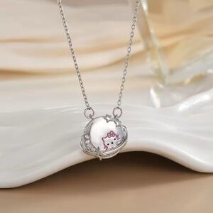 18K White Gold Hello Kitty “Kitty In The Moon” Diamond Accent Necklace Kawaii